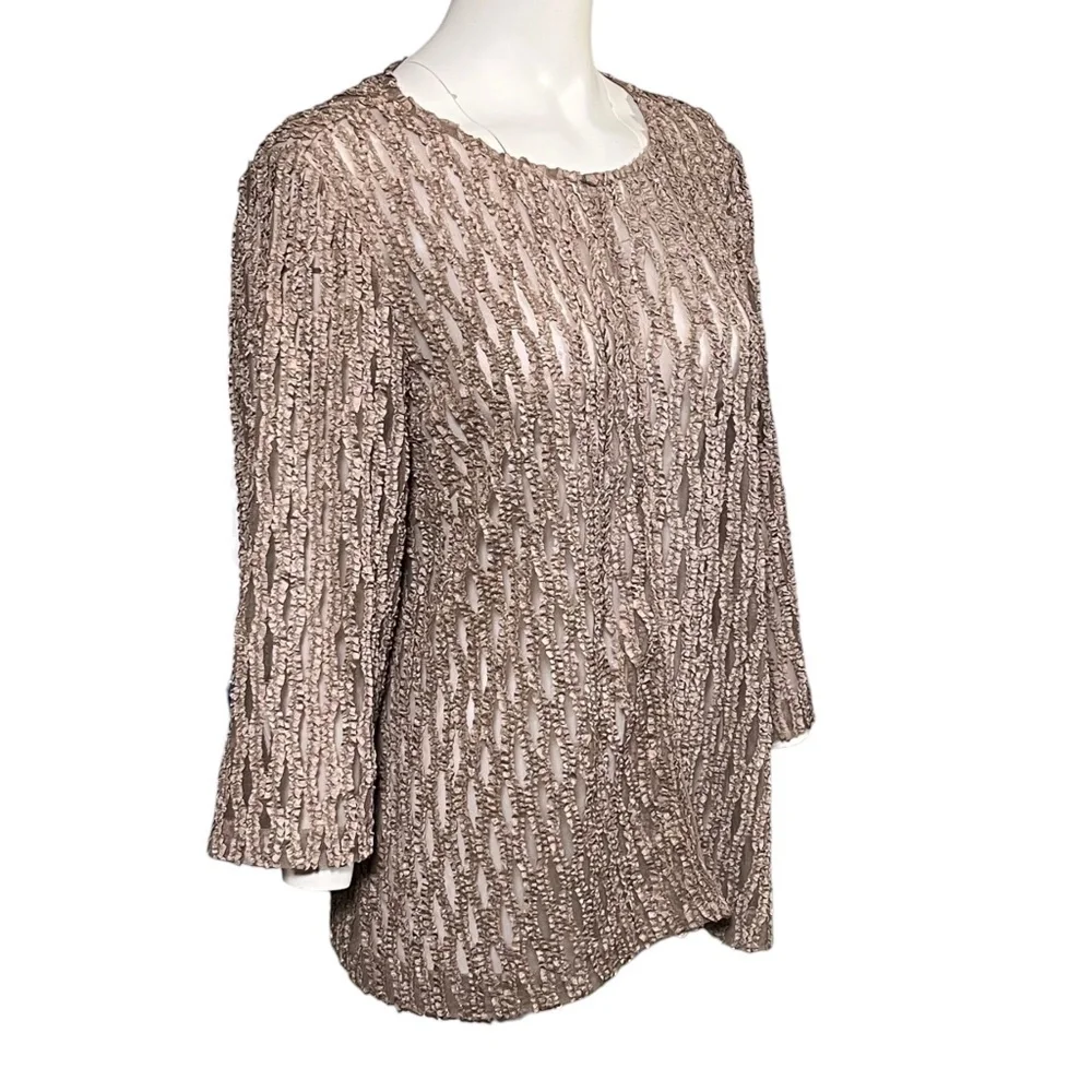 Alex Evenings Sheer Open Front Jacket Size 16 Taupe Metallic Mesh Cover Up